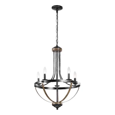 Farmhouse 5-Light Wooden Chandelier in Black and Brown - 24-in W x 20.5-in H