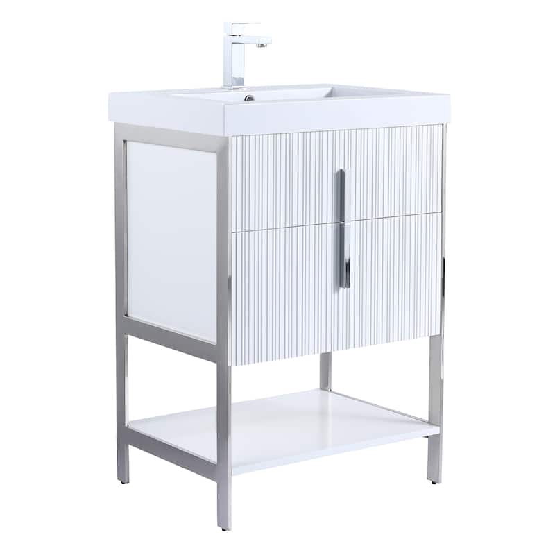 Fine Fixtures Serenity Modern Bathroom Vanity with White Gel Acrylic Top - White Matte - Chrome Hardware - 24 inch