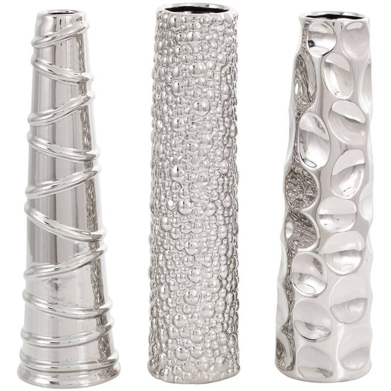 CosmoLiving by Cosmopolitan Sleek Ceramic Glam Vase with Varying Patterns (Set of 3) - Silver, Gold, Dark Blue, White