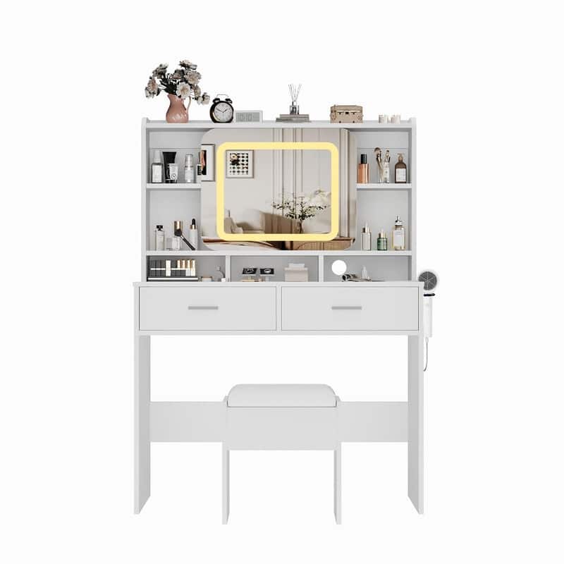 Vanity Desk with LED Mirror and Stool, Drawers, Storage Shelves, Charging Station