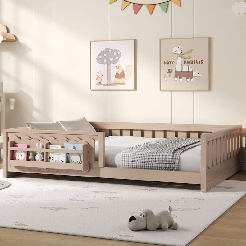 Kid Wood Platform Storage Bed Montessori Toddler Floor Bed Children Daybed with Guardrail and Side Creativity Storage Shelves
