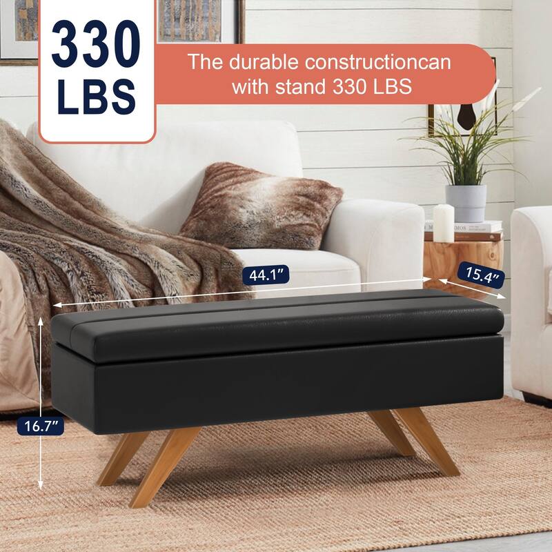 VECELO Black PU Leather Storage Bench 2 Styles with 4-Leg/Angled Legs Multifunctional Ottoman with Hinged Lid for Bedroom