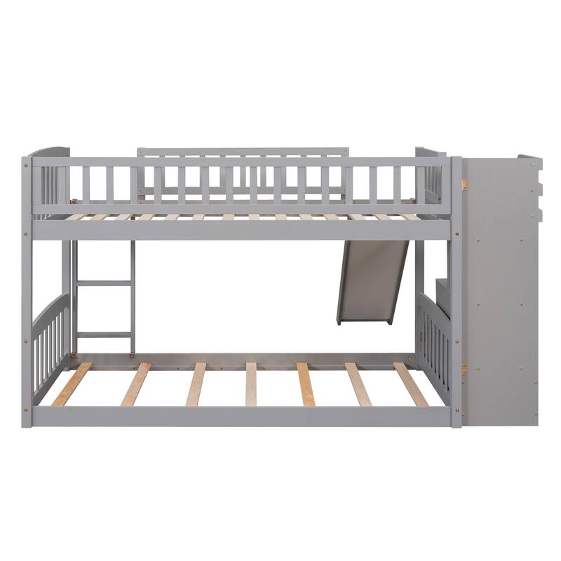 Twin Over Twin Bunk Bed with Drawers, Slide, and Stairs, Gray