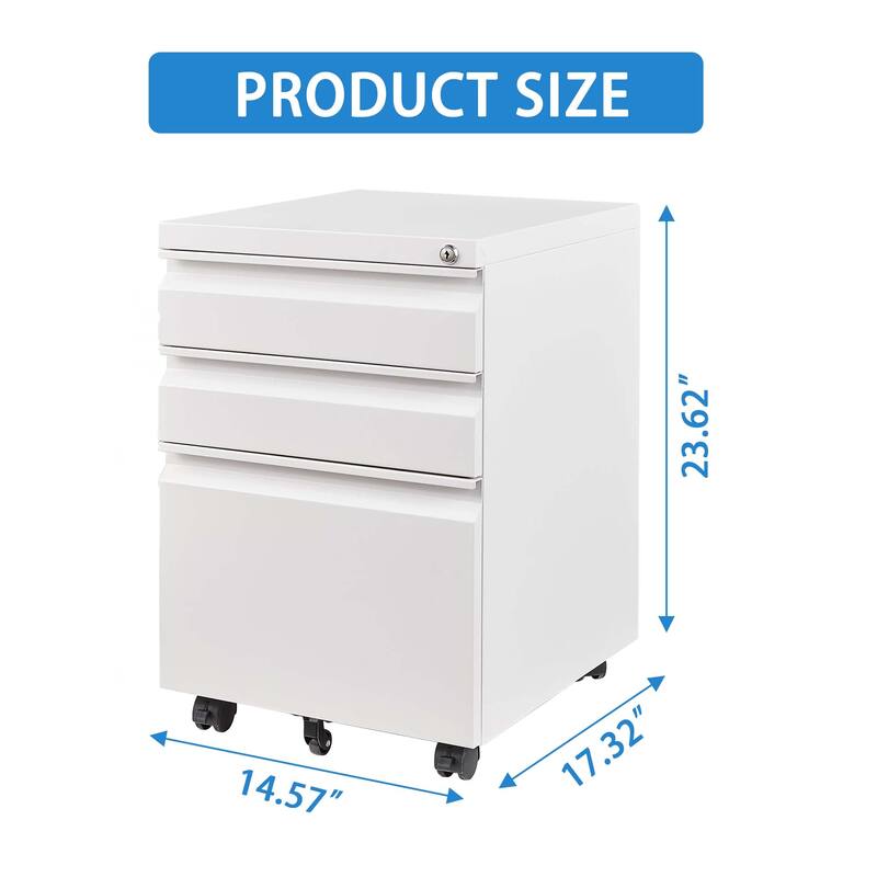 Anmytek White 3 Drawer Mobile Locking Metal File Cabinet Fully Assembled for Home Office Letter Legal A4 Storage