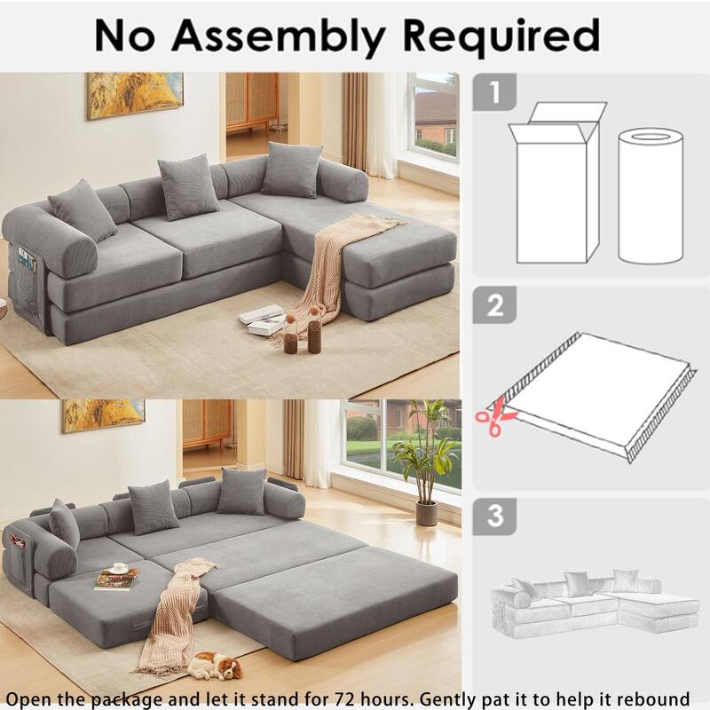 Versatile 7-in-1 Modular Folding Sectional Sofa with Chaise Convertible Corduroy Sleeper Sofa Bed with Removable Storage Bags