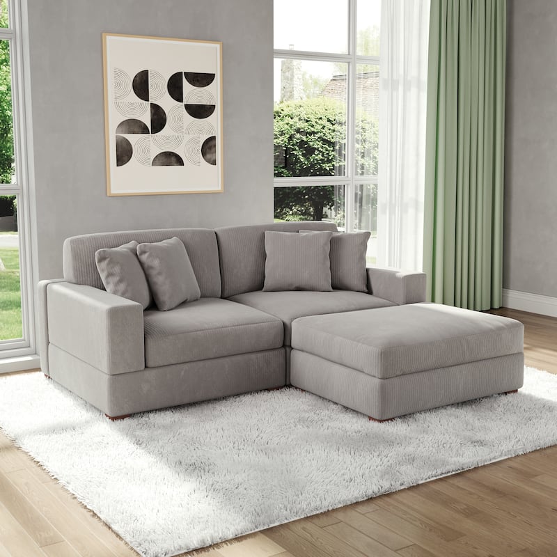 Modular Corduroy Sectional Sofa Set Chaise Couch with Ottoman