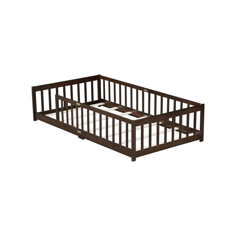 Twin Size Floor Bed with Fence without Door, Rubber Wood Floor Bed with Safety Guardrails