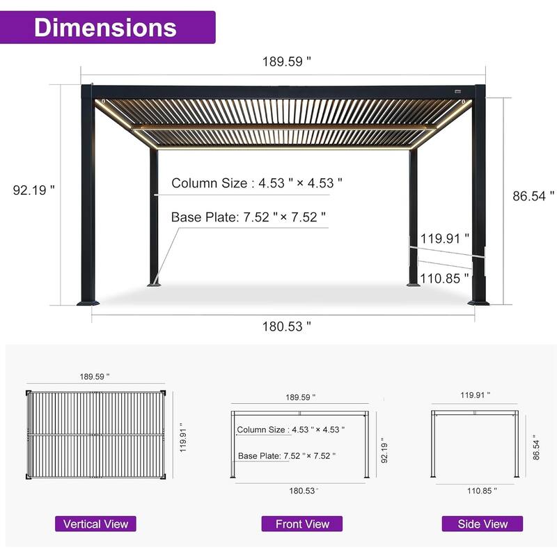 PURPLE LEAF Solar Louvered Pergola with LED String Lights Aluminum Outdoor Pergola with Adjustable Roof for Patio Garden