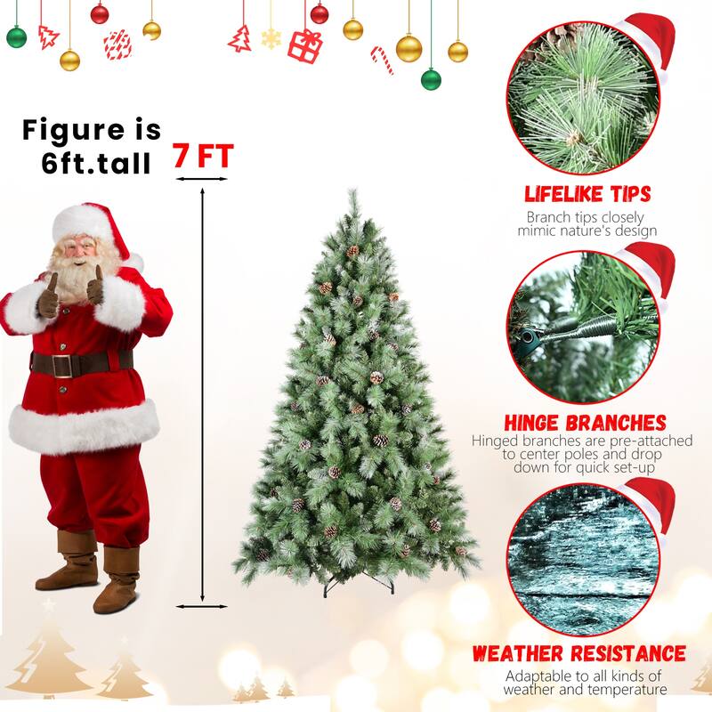 Artificial Christmas Tree - PVC & Hard Needle Branches, Pine Cones, Hinged Structure, Metal Stand - Green