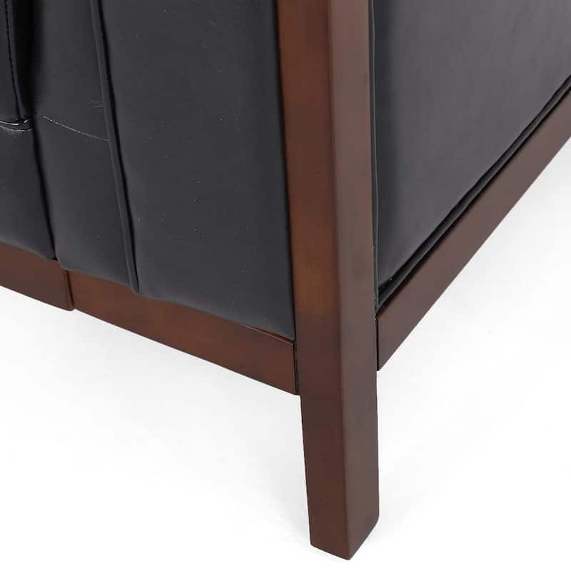 Sofa, 79 Inch 3 Seater, Button Tufted Black Faux Leather, Rubberwood