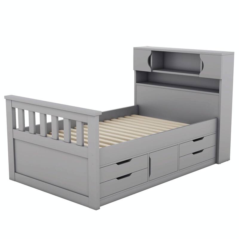 Captain Platform Bed Frame with Storage Bookcases, Shelves & Four Drawers