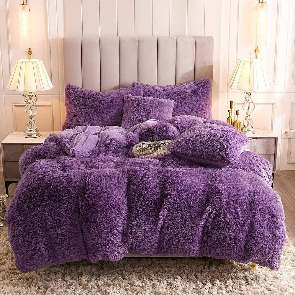 Twin Faux Fur Velvet Fluffy Bedding Duvet Cover Set Purple Bed Bath