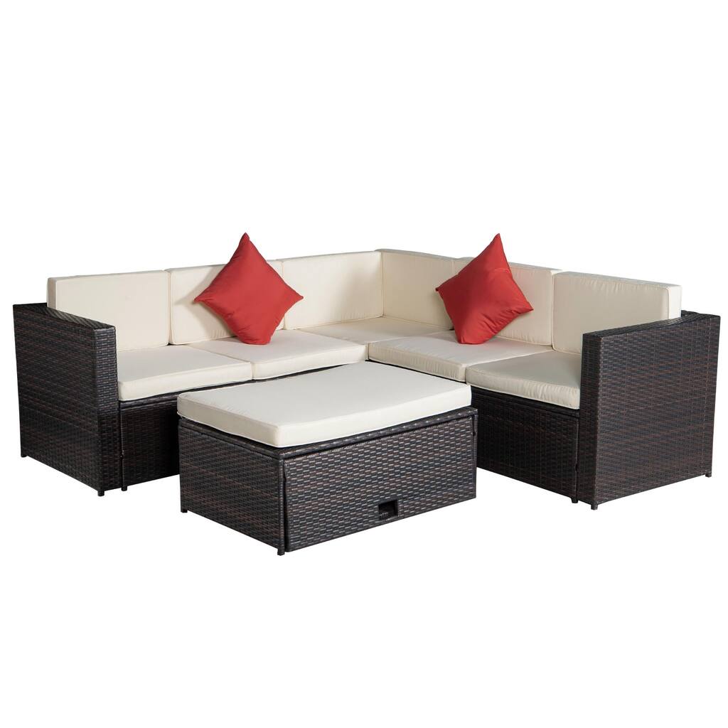 4-Piece Patio Poly Rattan Cushioned&Combined Sectional Option Sofa Set with Side-Open Storage Ottoman and 2 Pillows