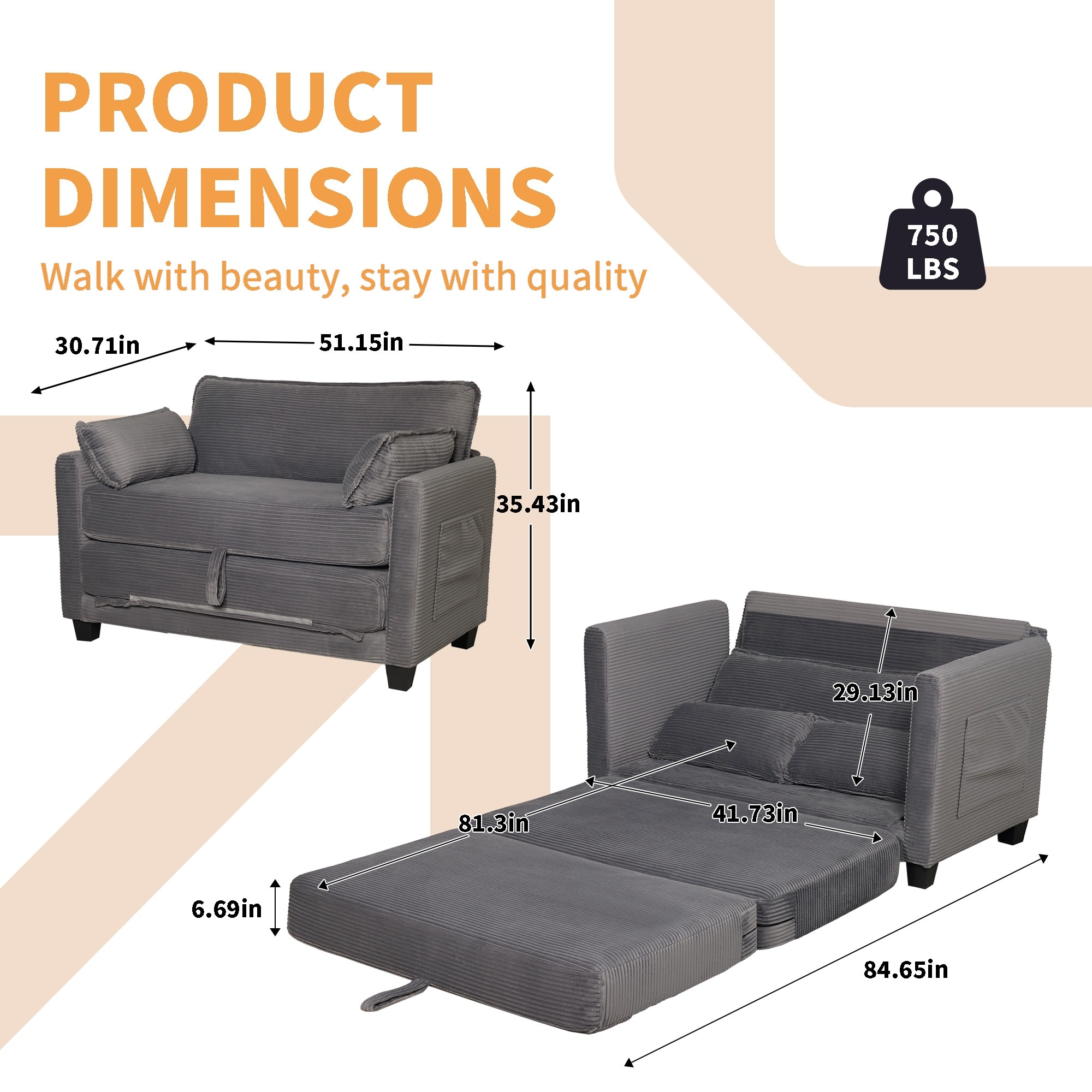 2-In-1 Convertible Corduroy Sofa Bed With Side Storage And High-Rebound Sponge