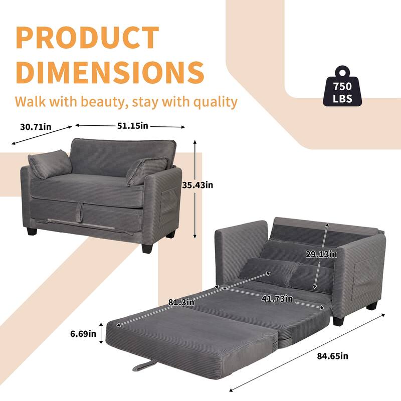 2-in-1 Convertible Corduroy Sofa Bed 51" Small Sofa, 2-Seater Loveseat Sleeper Couch with Side Storage
