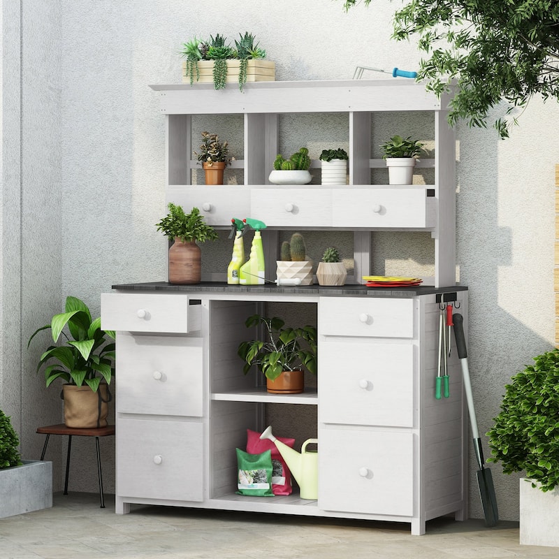 Outdoor Wooden Potting Bench Table with 2 Drawers and Open Shelves
