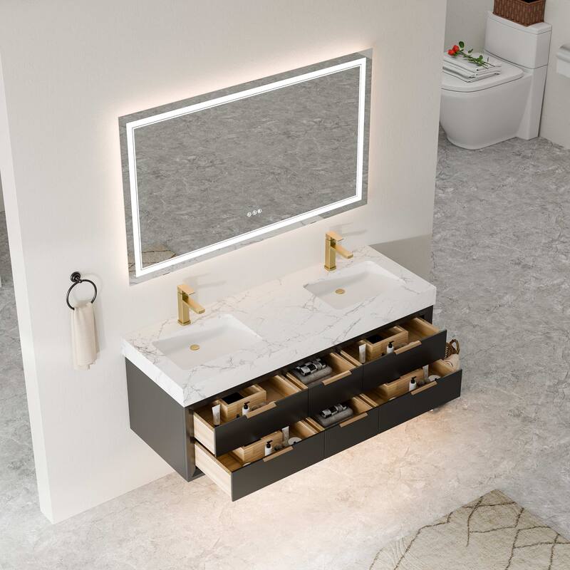 Modland 60" Modern Floating Bathroom Vanity with Double Sink, Soft-Close Drawers, White Stone Countertop