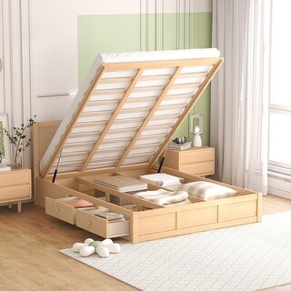 Queen Size Wood Platform Bed with Underneath Storage and 2 Drawers, Wood Color