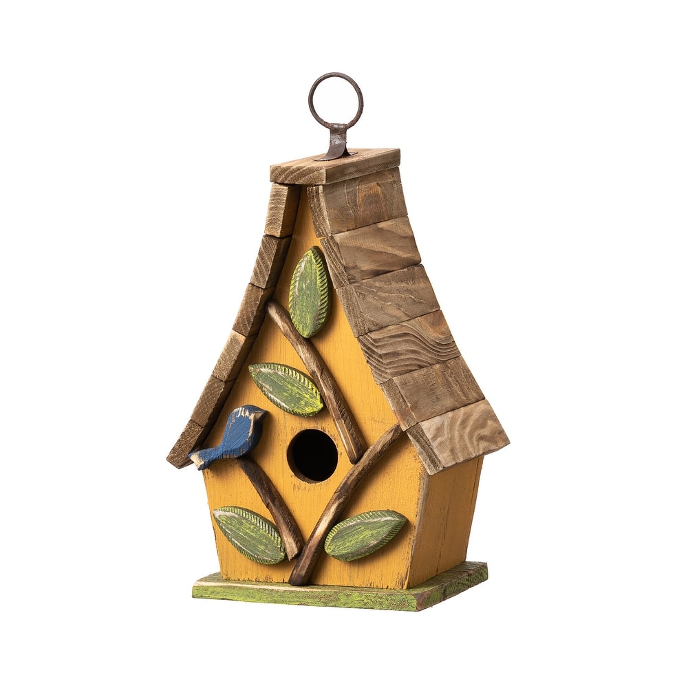 Glitzhome 12.5"H Distressed Solid Wood Birdhouse with 3D Leaves