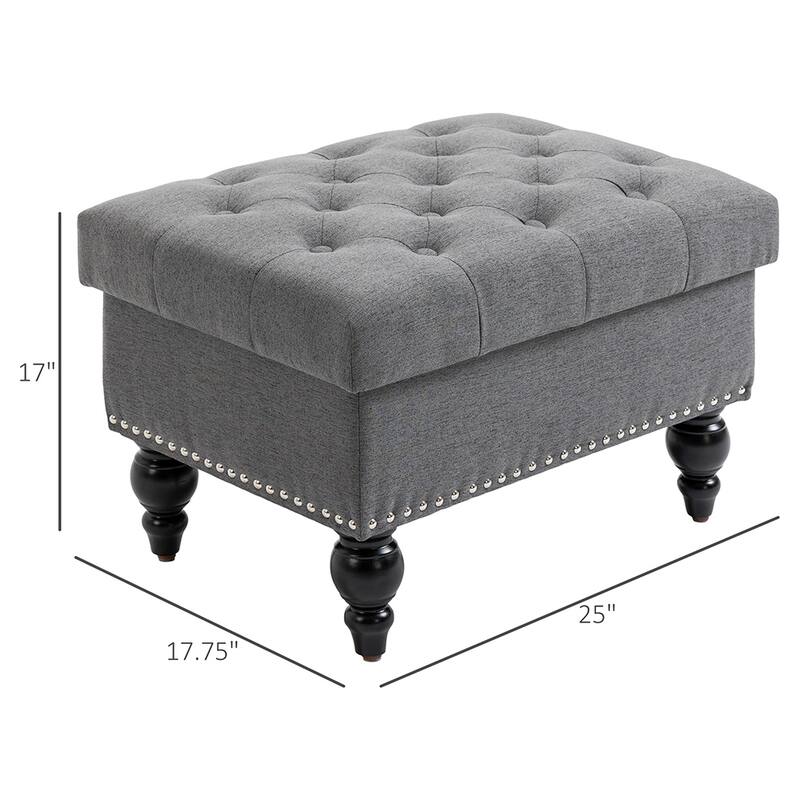 25" Fabric Tufted Storage Ottoman with Removable Wood Legs Grey