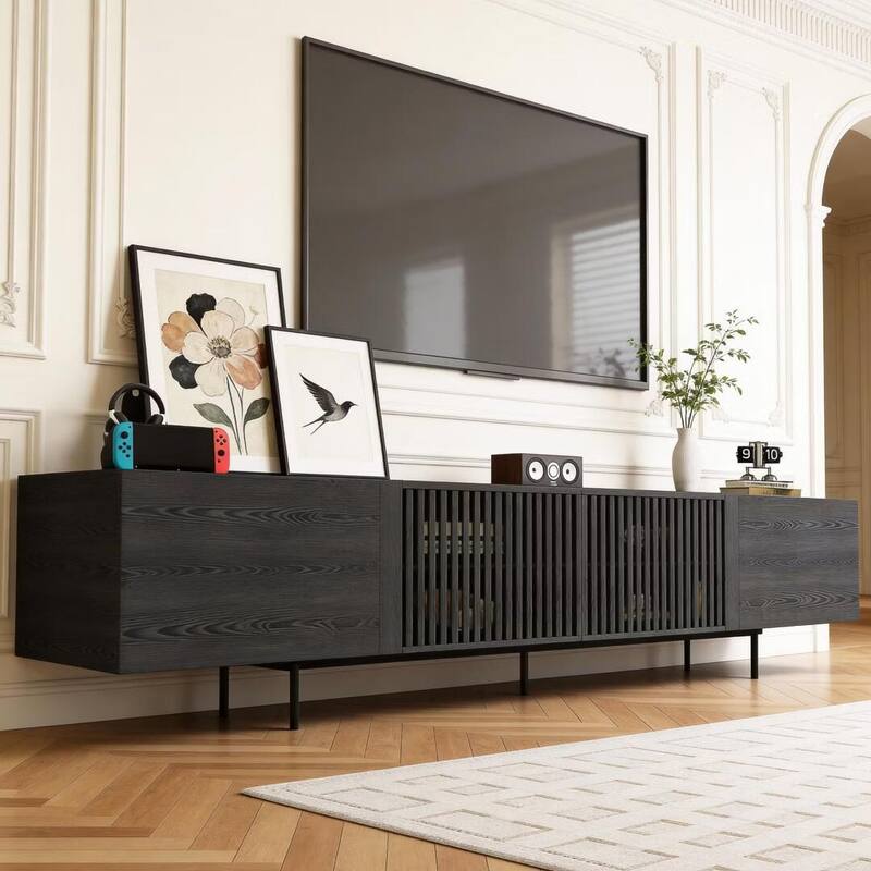 94.48 Inch Extra Long Black TV Stand with Slatted Doors, Modern Entertainment Center for TVs up to 100 Inches, - 94.48"Wx15.75"Dx21.65"H