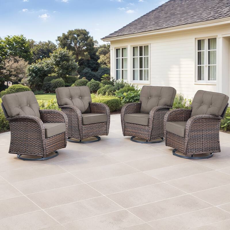 Gymojoy 4-Piece Outdoor Wicker Swivel Chair Set, 5" Thick Wide Cushions, Patio Lounge Chairs - Brown Wicker / Grey Cusion - 4-Piece