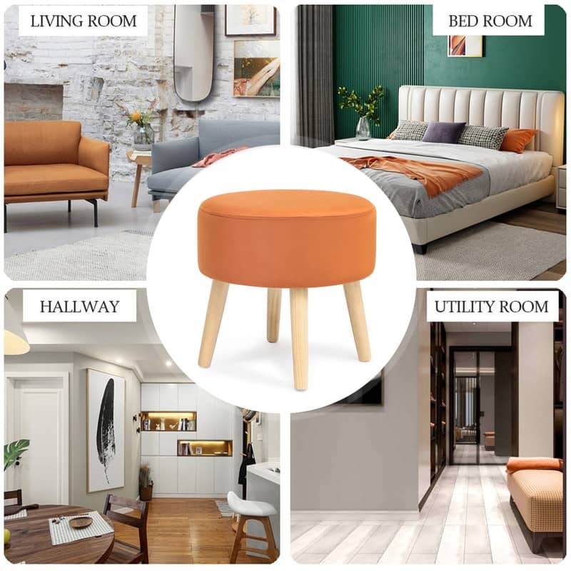 Adeco Small Round Fabric Foot Stool Ottoman Soft Padded Seat Footrest