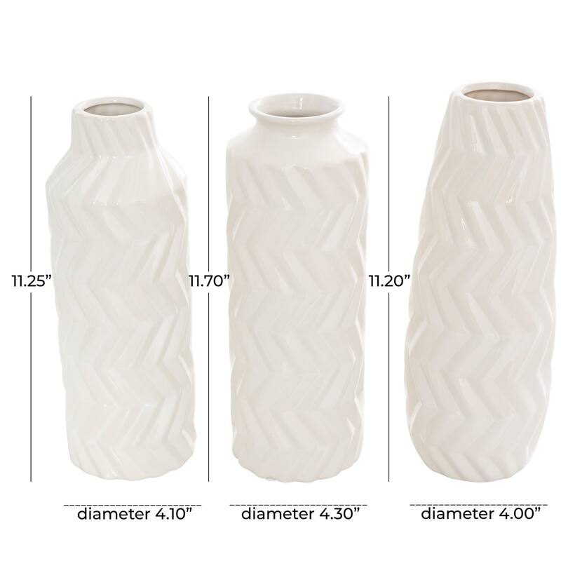 White Ceramic Dimensional Chevron Textured Decorative Vase with Varying Shapes (Set of 3)