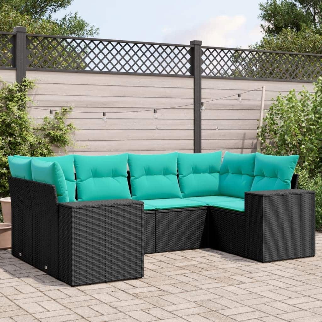 vidaXL 6 Piece Patio Sofa Set with Cushions Black Poly Rattan - 24.4 x 24.4 x 27.2-With table