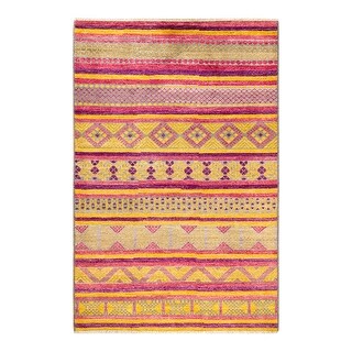 Overton One-of-a-Kind Hand-Knotted Contemporary Striped Modern Orange Area Rug - 5' 7" x 8' 1"