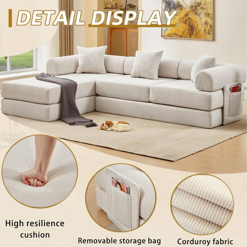 Versatile 7-in-1 Modular Folding Sectional Sofa with Chaise Convertible Corduroy Sleeper Sofa Bed with Removable Storage Bags