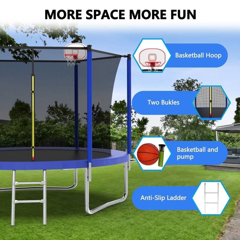 Outdoor Kids Trampoline with Basketball Hoop and Ladder, with Safety Enclosure for Backyard Fun