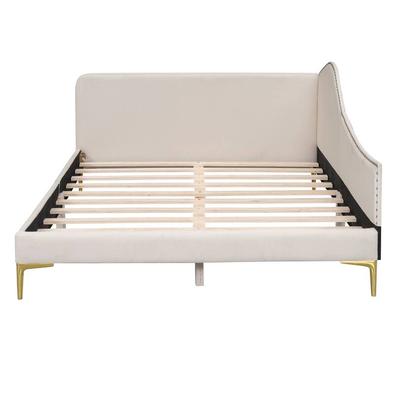 Modern Upholstered Full Size Daybed with Headboard and Armrest, Beige Linen Fabric, Sturdy Wood Frame