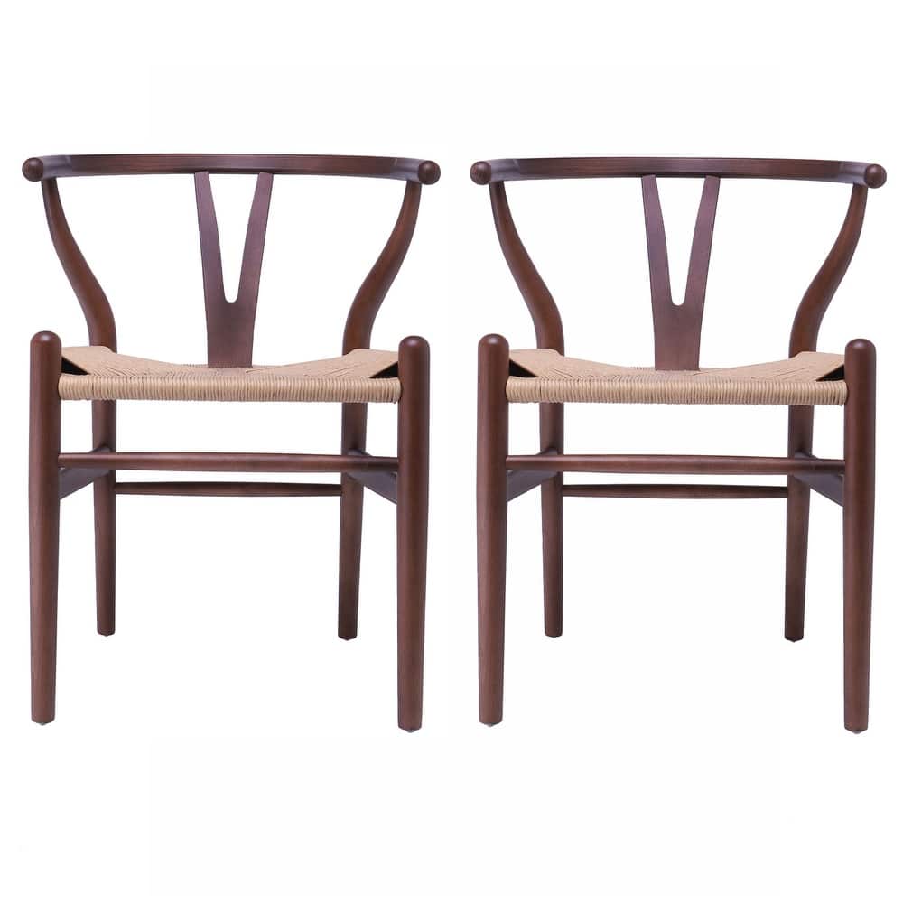 Set of 2 Modern Wood Dining Chair With Y Back Arm Armchair Hemp Seat For Home Restaurant Office