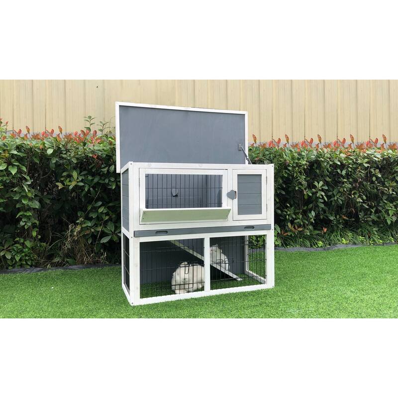 Hanover Outdoor Wooden 2-Story Rabbit Hutch with Ramp, Wire Mesh Run, Waterproof Roof, Removable Tray 3 Ft.W x 1.5 D x 2.6 H