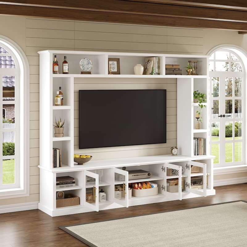 Entertainment Center Wall Unit for TVs up to 80", All-in-One TV Stand Glass Doors Storage Cabinet Bookcase Wine Rack