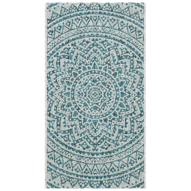 SAFAVIEH Courtyard Fran Mandala Indoor/ Outdoor Waterproof Patio Backyard Rug - 3' x 5' - Light Grey/Teal