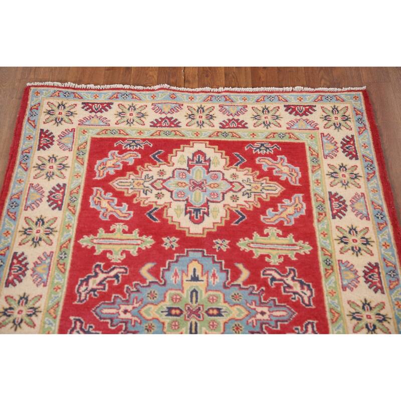 Geometric Red Kazak Accent Rug Handmade Wool Carpet - 3'4"x 5'1"