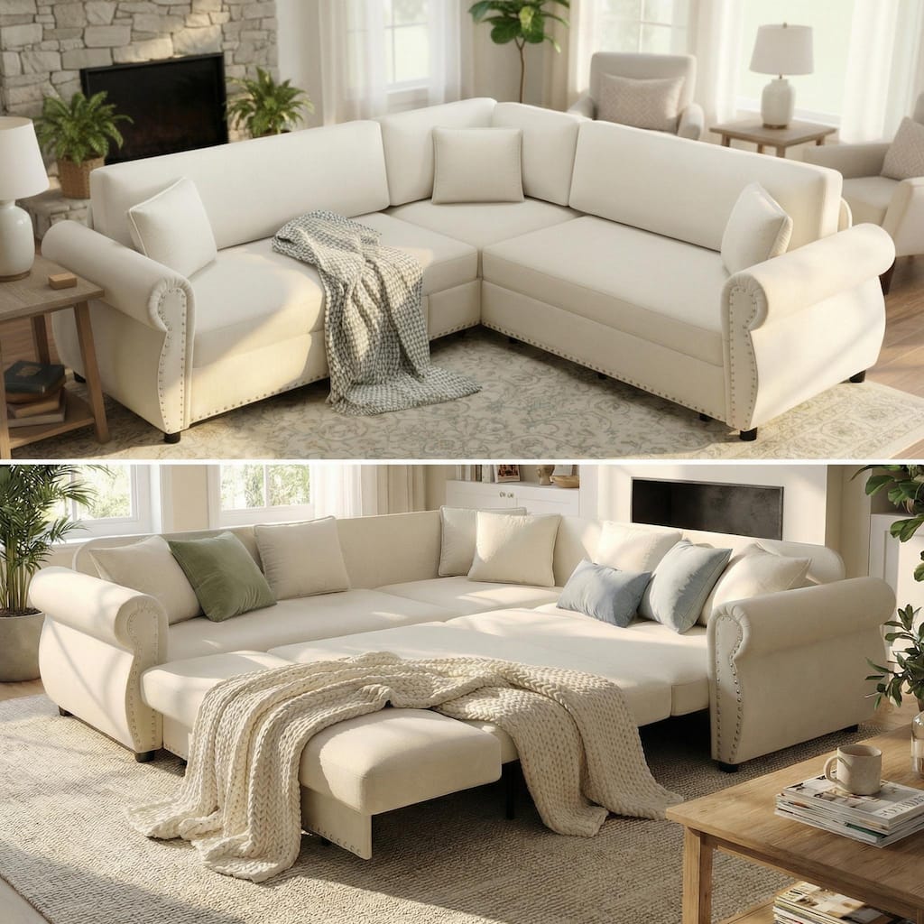 Homy Casa L-Shaped Sectional Sofa w/ Pull-Out Bed, Chenille Sleeper Couch w/ Nailhead Trim & Rolled Arm, Oversize