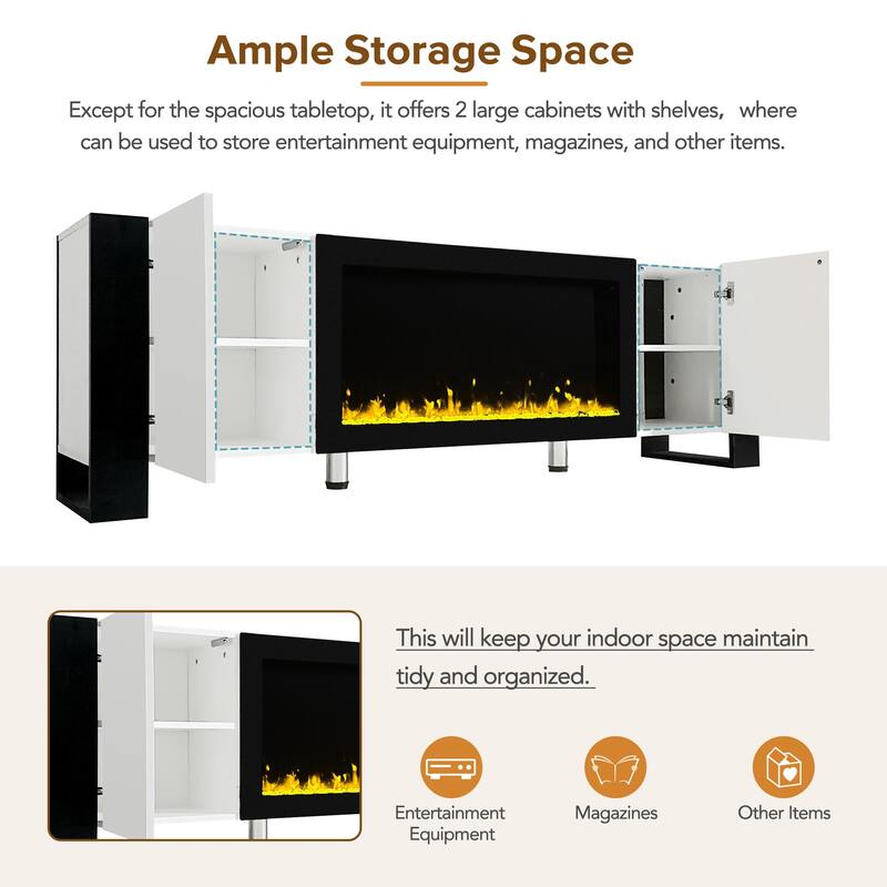 Roomfitters Modern Media Console with Electric Fireplace, High Gloss TV Stand with Cabinets for TVs up to 78"
