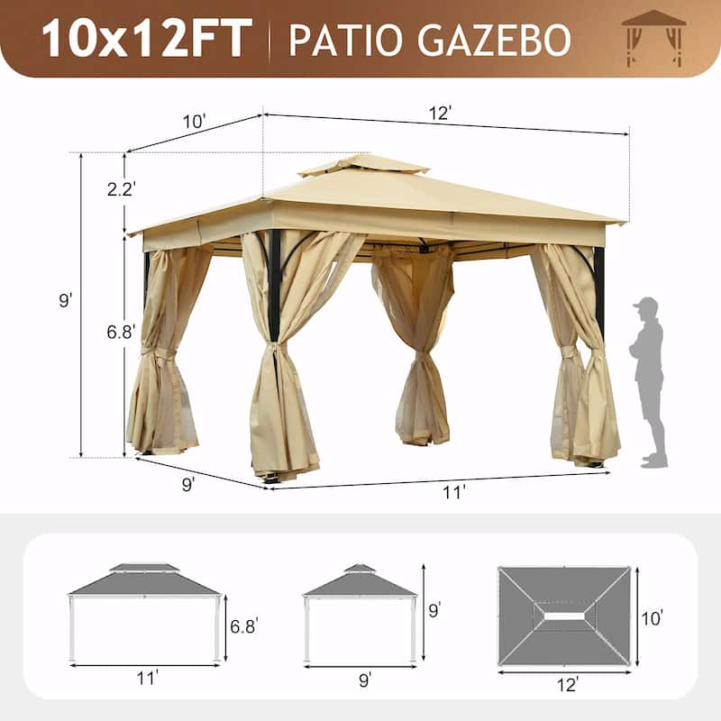 Outdoor Gazebo Tent with Double Roof, Mosquito Netting & Privacy Screens