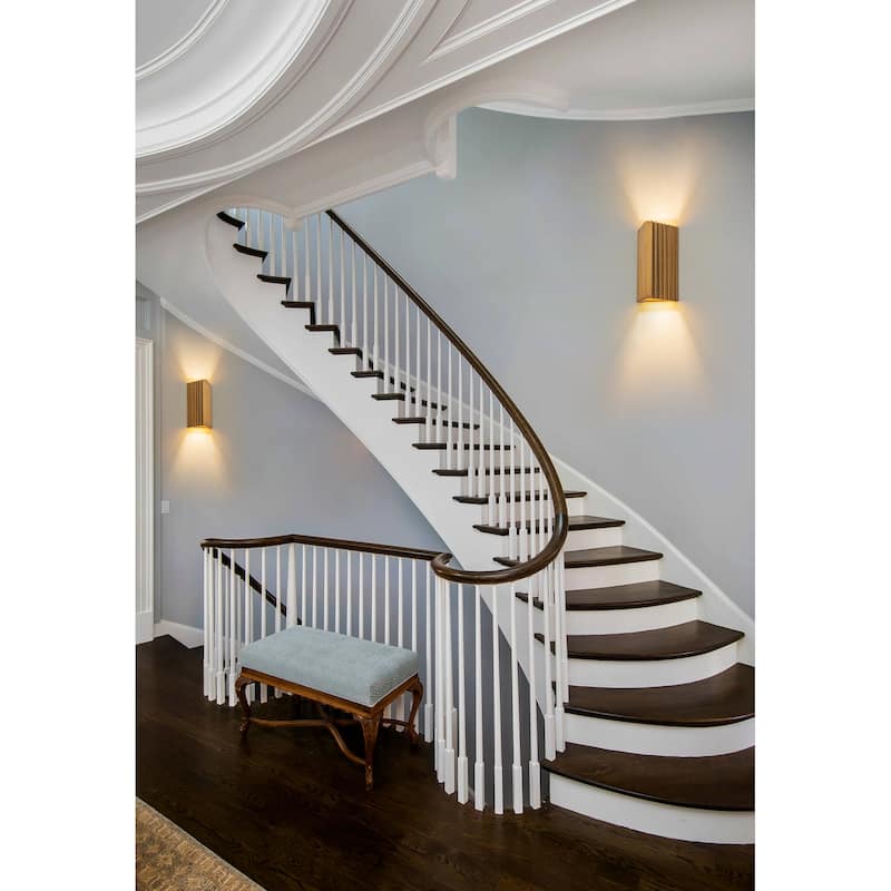 2-Light Industrial Antique Gold Outdoor Integrated LED Wall Sconce - H11" x W6.3" x D5"