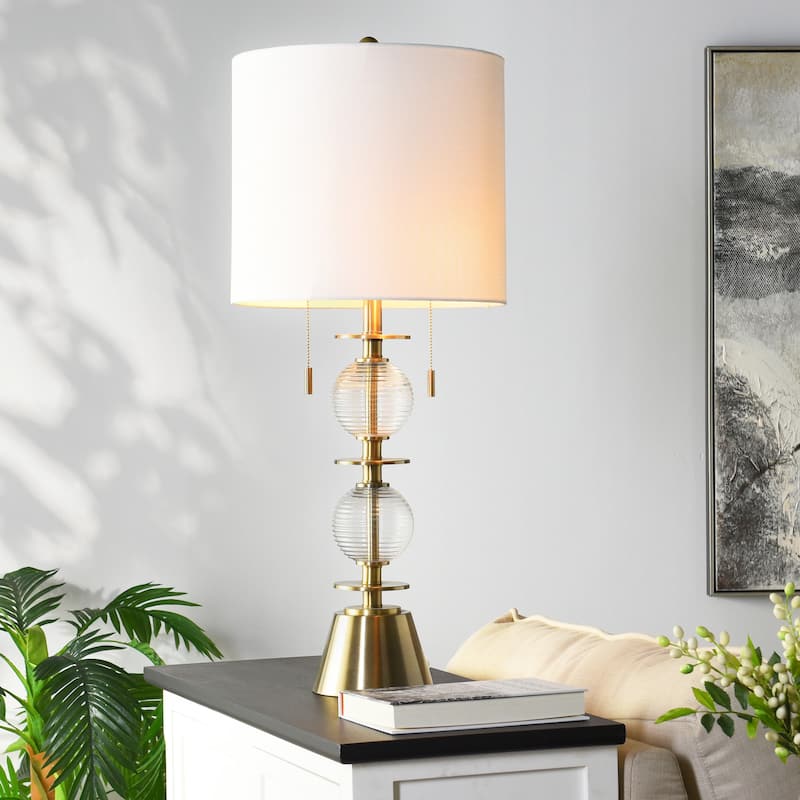 Ribbed Glass Table Lamp - Tiered Glass and Brushed Brass Body - Off-White Shade