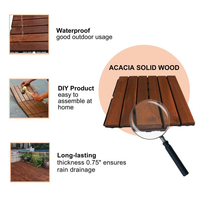 10 PCS Interlocking Deck Tiles Striped Pattern, 12" x 12" Square Acacia Hardwood Outdoor Flooring for Patio, Bancony