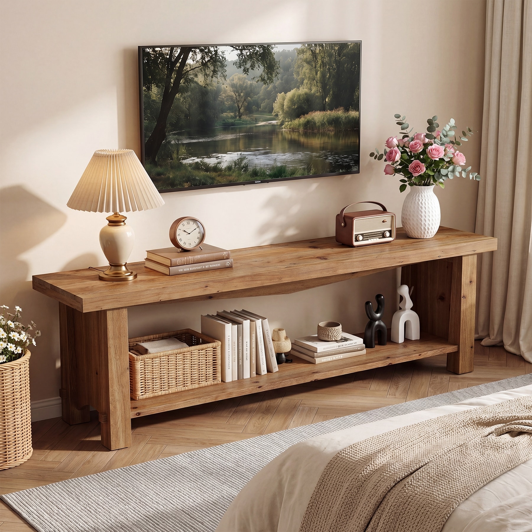 63-Inch Solid Wood TV Stand for 55/65/75-Inch TV, Entertainment Center with Shelves, Media Console for Living Room, Bedroom