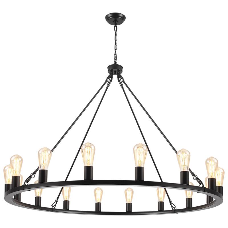 16-Light Vintage Circle Candlestick Wagon Wheel Chandelier Linear Chandelier Lighting for Kitchen Island - Black
