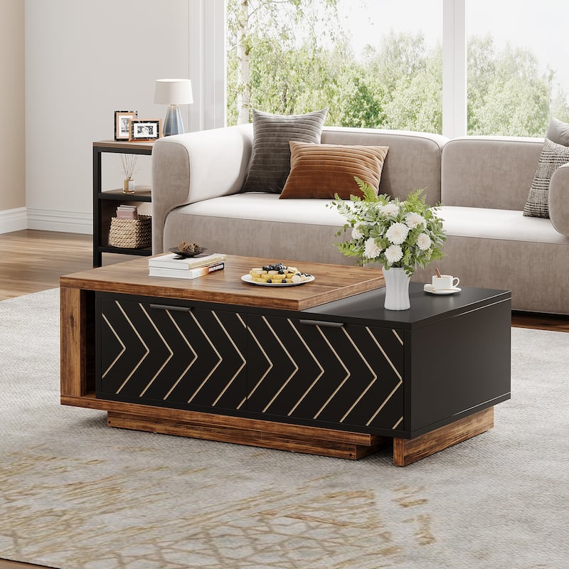 Wooden Extendable Center Coffee Table with Sliding Tabletop