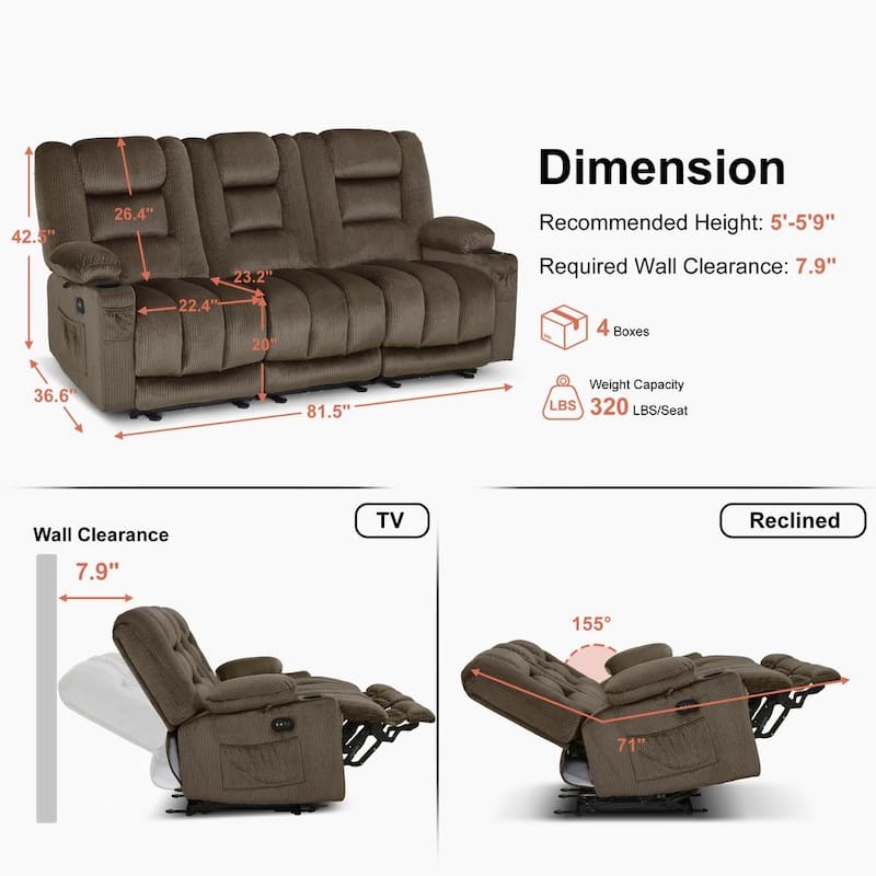 MCombo Power Reclining Loveseat Sofa with Heat and Massage, Fabric PR648