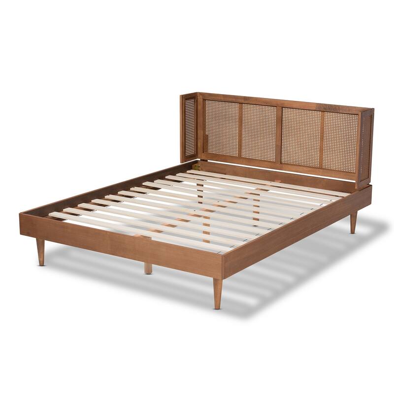 Mid-Century Modern Platform Bed - Ash Walnut Wood & Synthetic Full Size - Wrap-Around Headboard