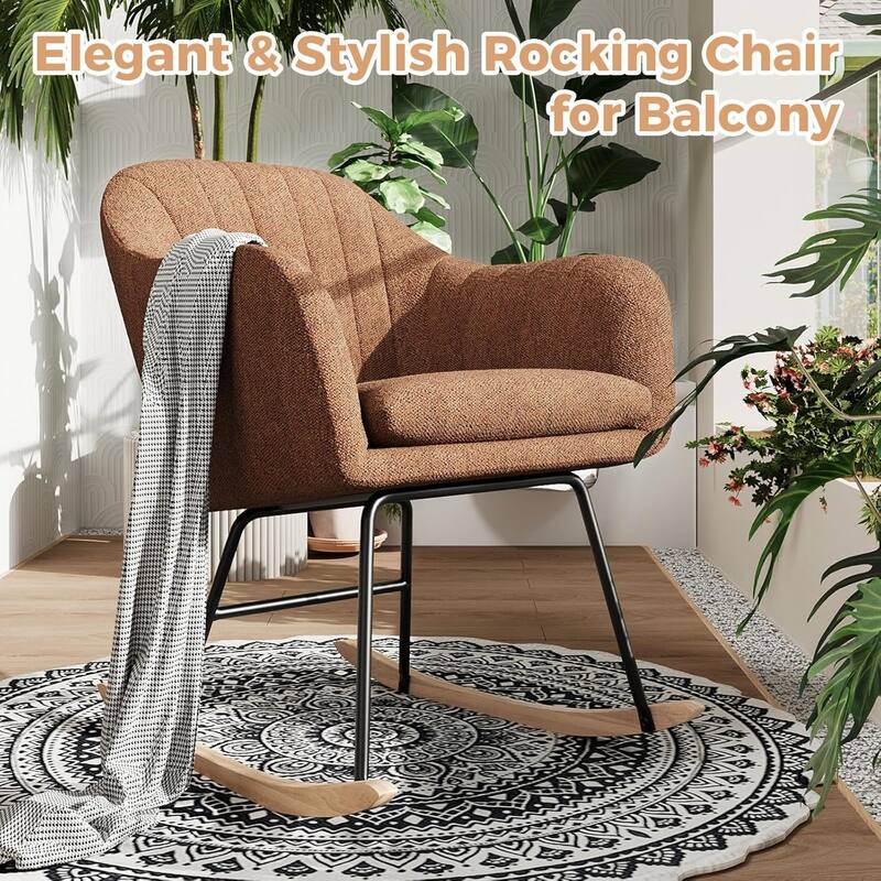 Upholstered Rocking Chair, Glider Chair With Cozy Cushion, Rocking Accent Chair With Rubber Wood Legs